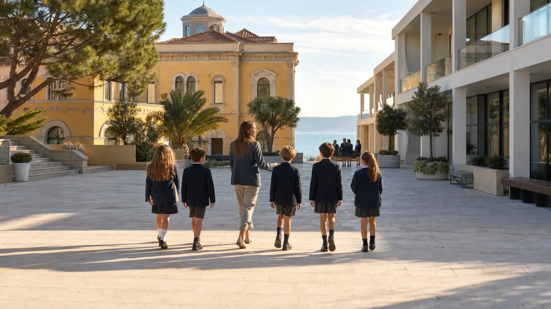 Schoolyi solutions, schools across regions Students and teacher crossing a sunlit international school courtyard